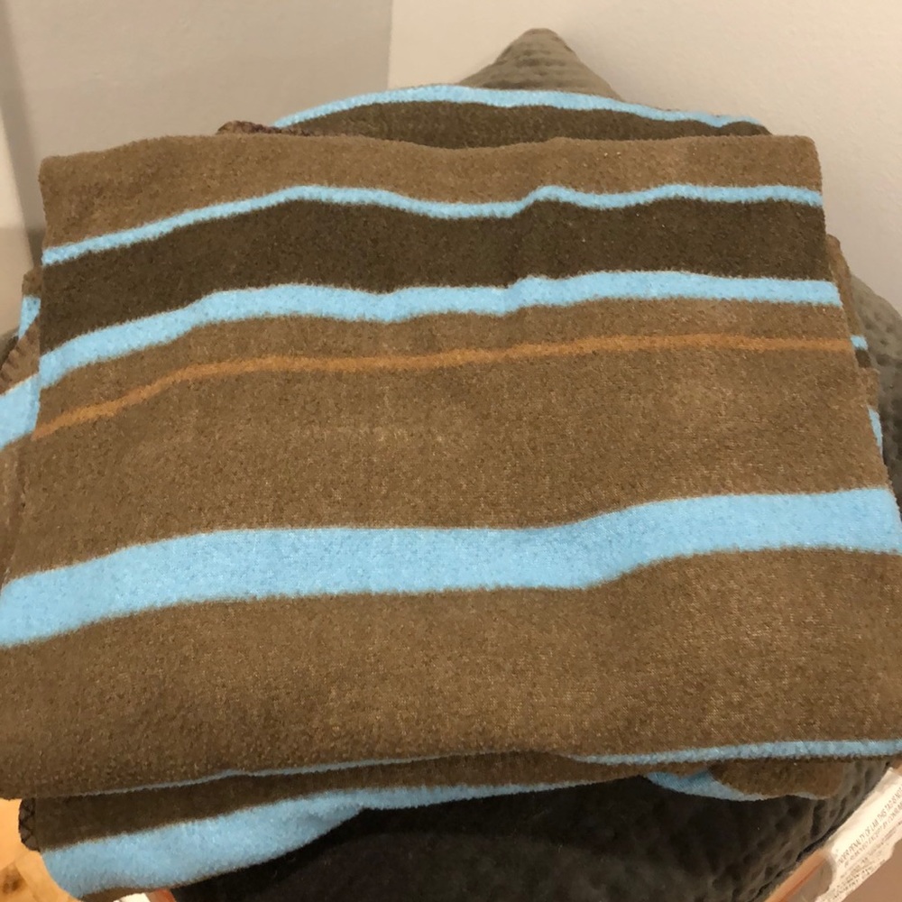 Set of 2 Brown and Blue Striped Fleece Blankets